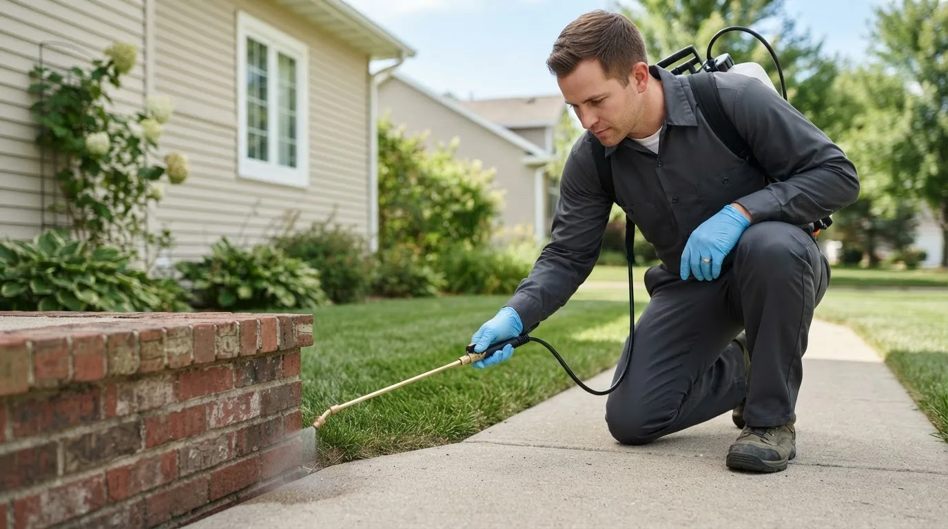 Pest control technician treating a home near Colmar, PA
